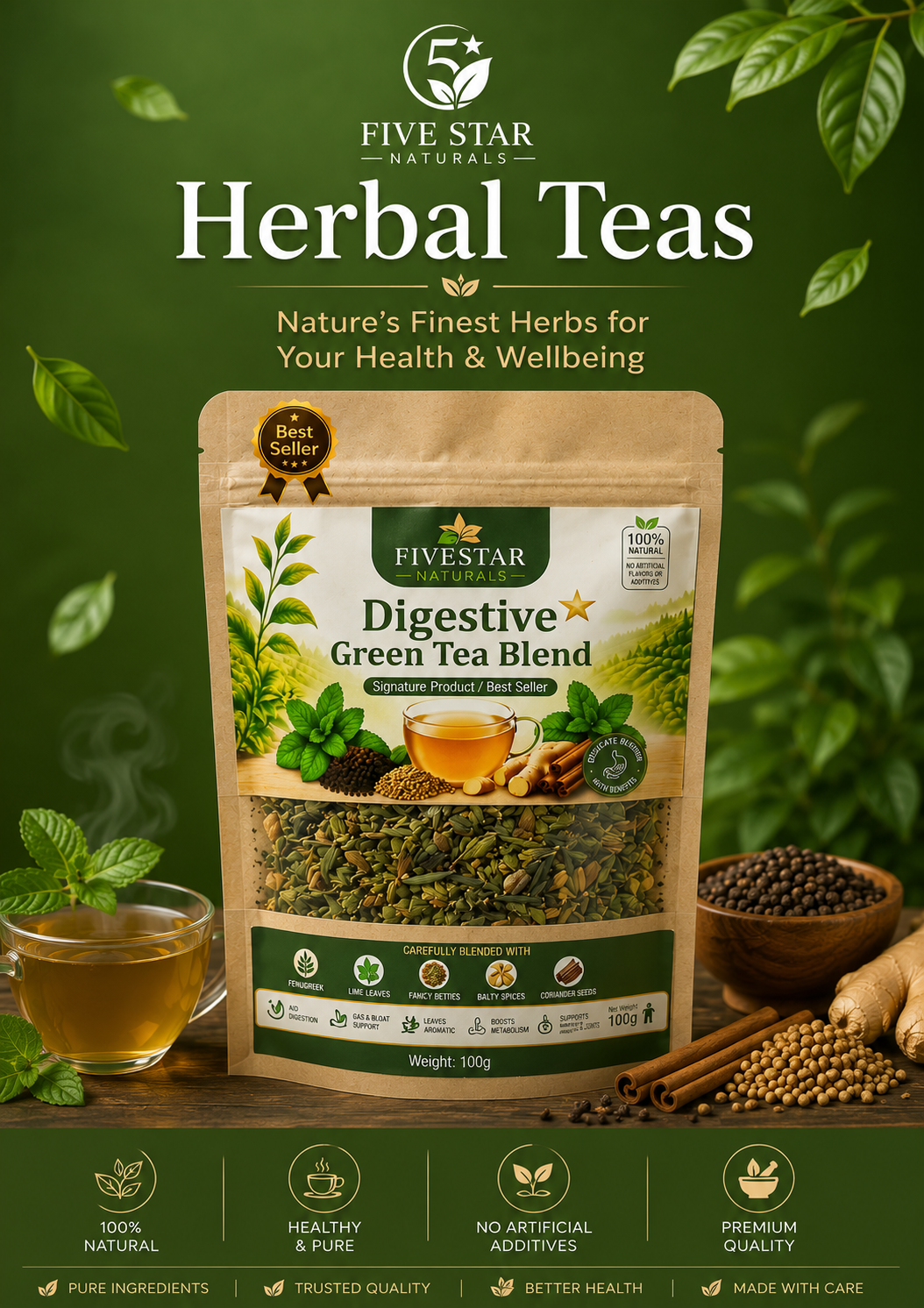 A stand-up pouch of Five Star Naturals Digestive Green Tea Blend herbal tea, shown on a dark green background with leaves, a glass of brewed tea, spices, and ginger. Large text reads 'Herbal Teas' and 'Nature's Finest Herbs for Your Health & Wellbeing.